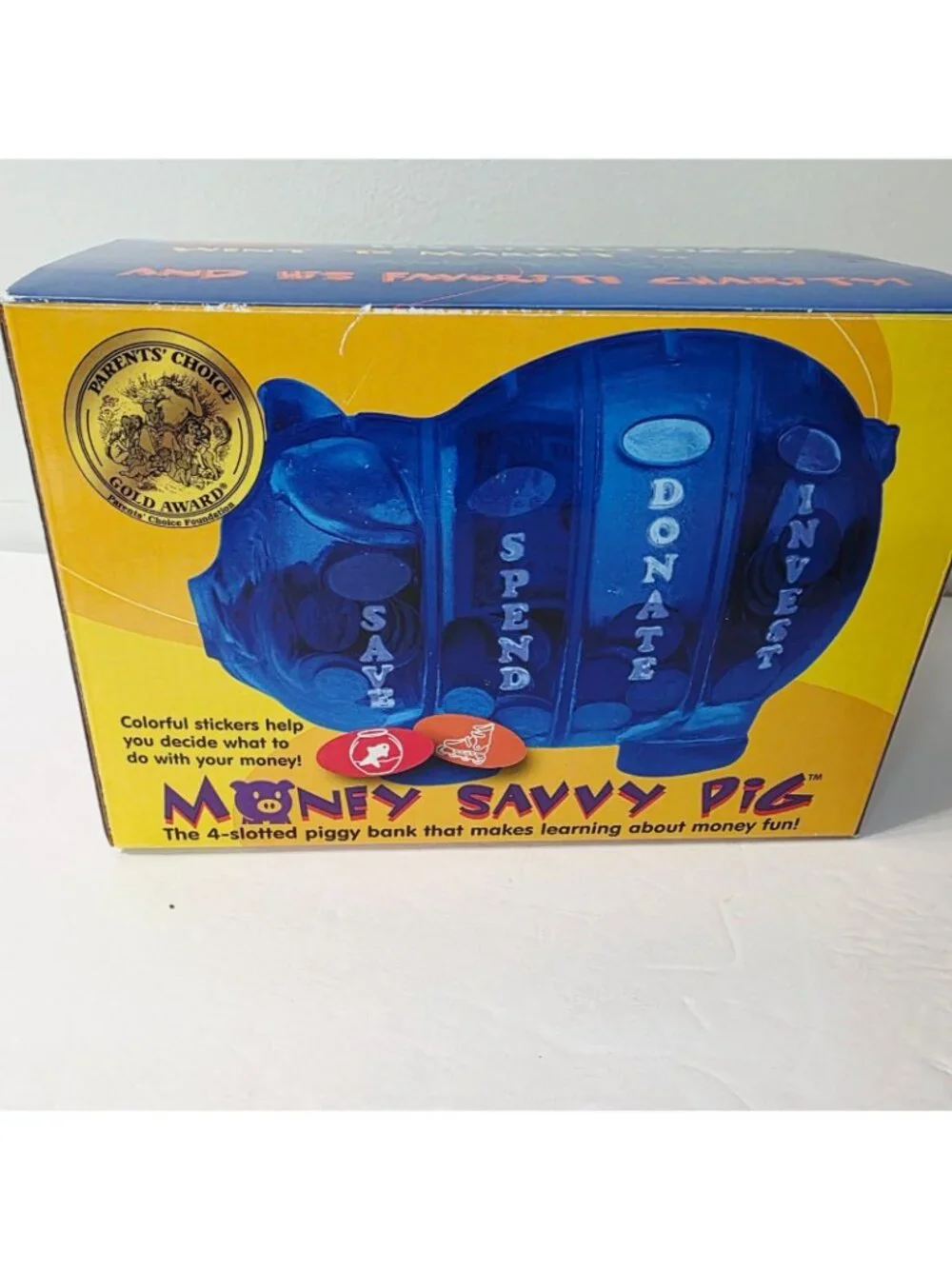 Money Savvy Pig Plastic Piggy Bank Blue Educational 4 Slots Spend Invest Save
